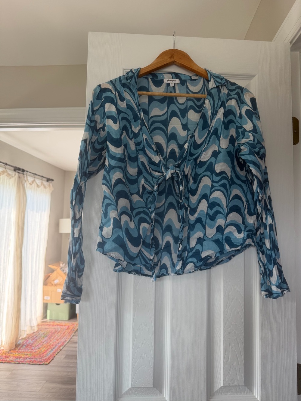 Sheer Blue Wave Tie-Front Blouse - Women